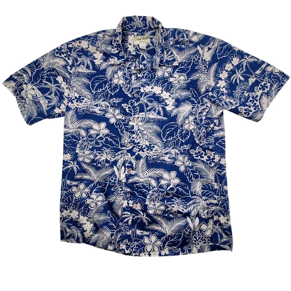 Cooke Street Honolulu Mens Large Blue White Floral Palm Cotton Hawaiian Shirt